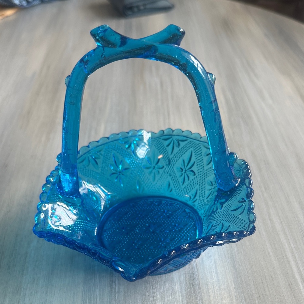 Vintage Depression Blue Glass Basket with Handle